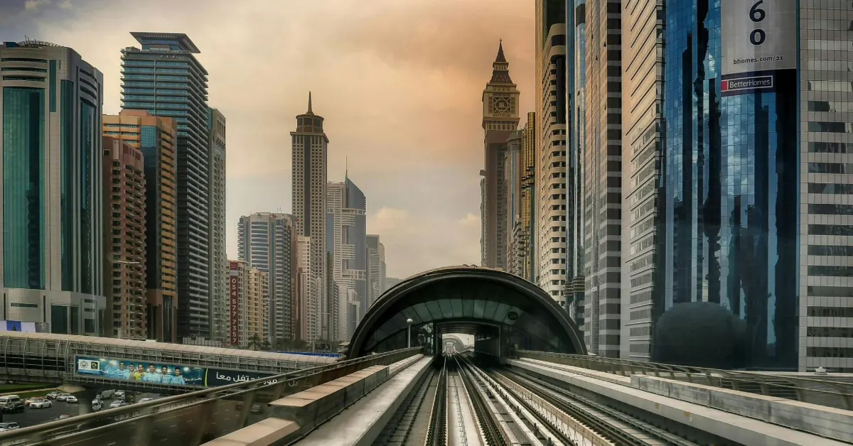 Dubai Metro tracks stretching through the cityscape.