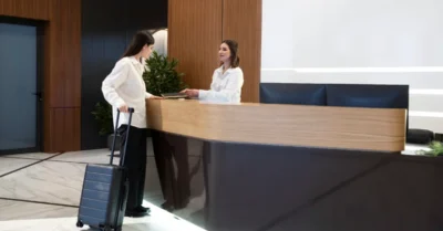 reception of a hotel near Global Village