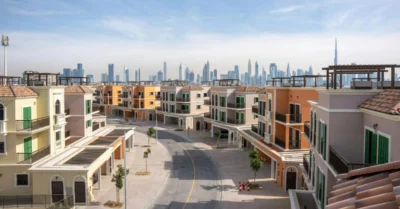 A serene villa community in Dubai offering stunning views of the Burj Khalifa.