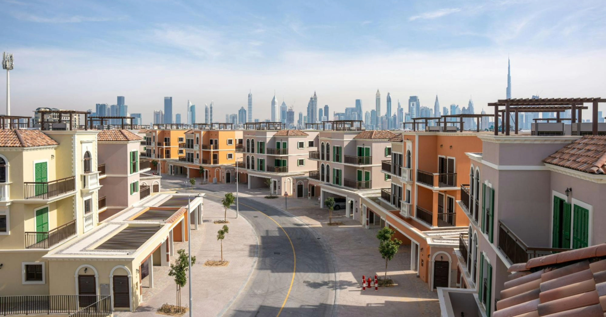 A serene villa community in Dubai offering stunning views of the Burj Khalifa.