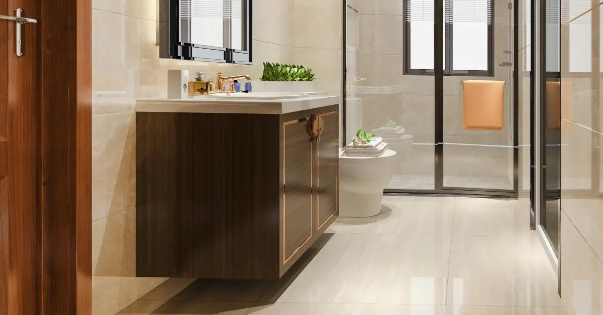 A bathroom with Porcelain flooring