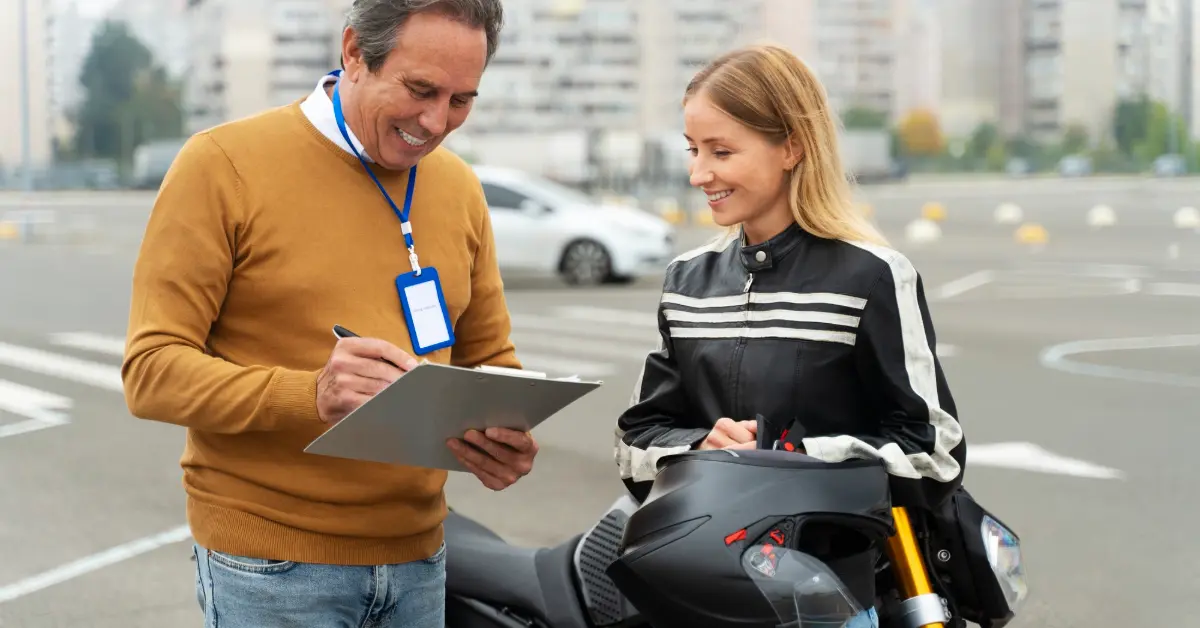 A girl taking her motorcycle license driving test