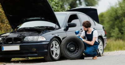 A mechanic assisting with a tyre change