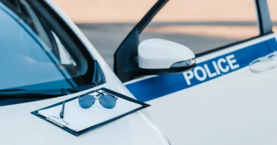 A police car with a policeman's belongings