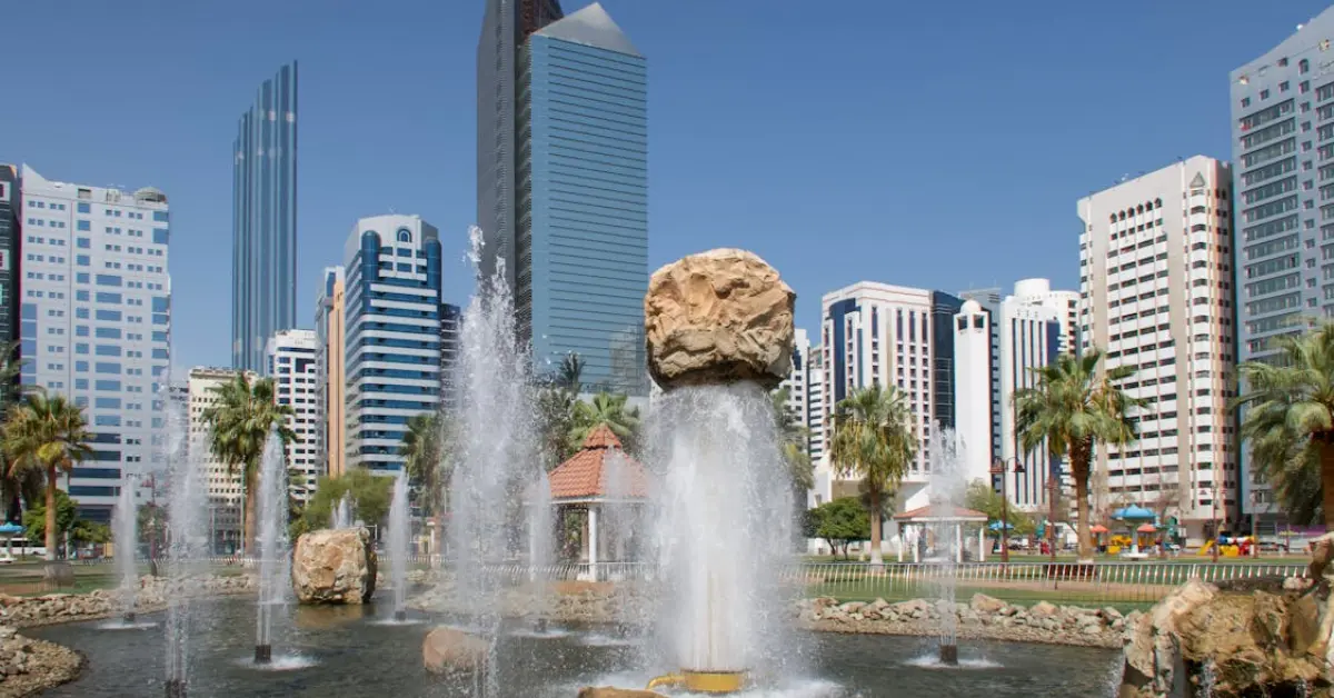 Abu Dhabi Skyline with Fountain and Park View