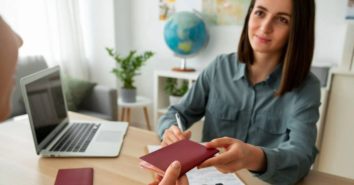 A female travel agent handing passport