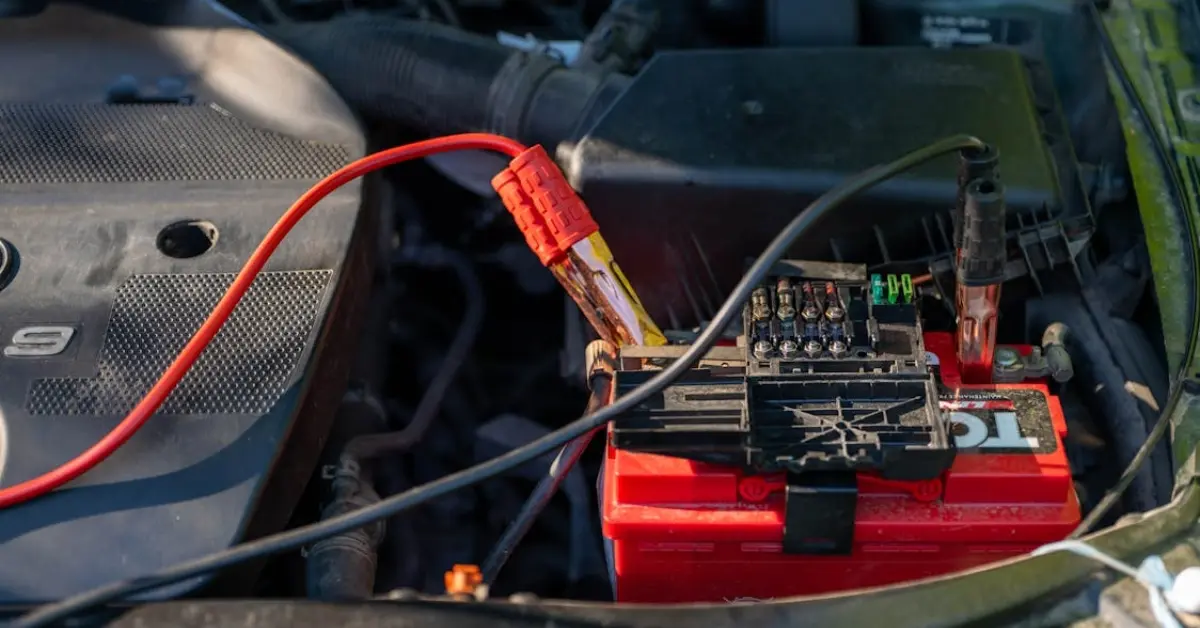 Car Battery with Jumper Cables Attached