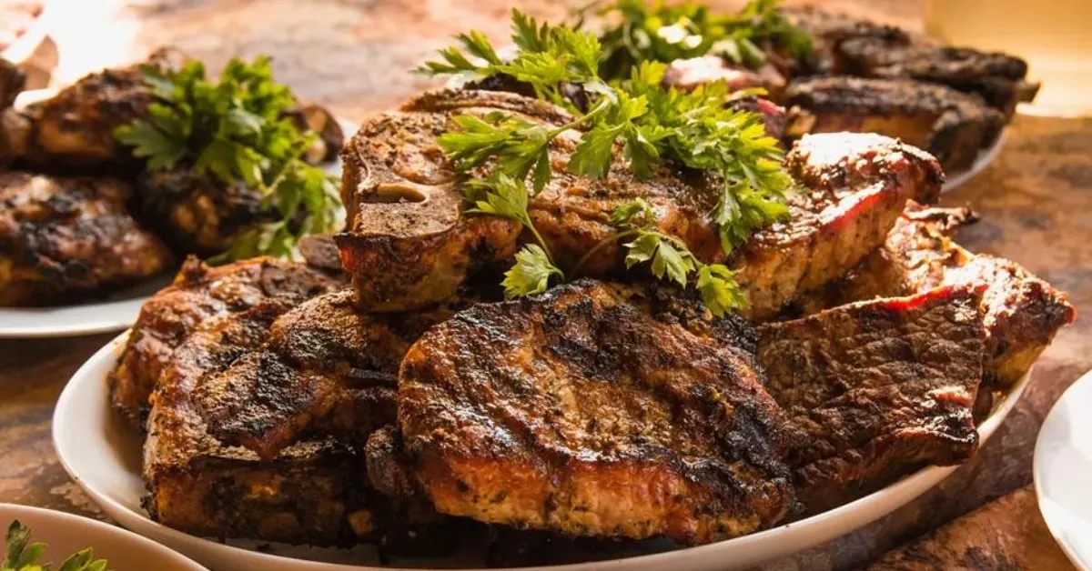 Grilled meats served on a wooden platter