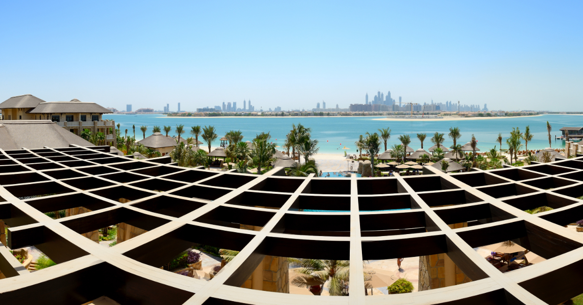Panoramic view of Jumeirah Palm man-made island from a luxury hotel