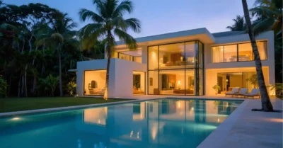 Luxury villa in Dubai with pool at dusk