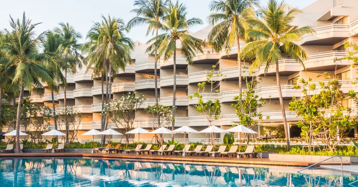 Poolside view of a resort in Dubai