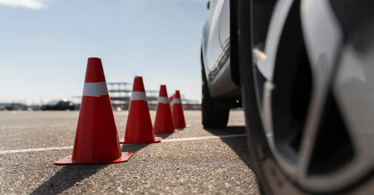 Traffic cones and car for driving license test