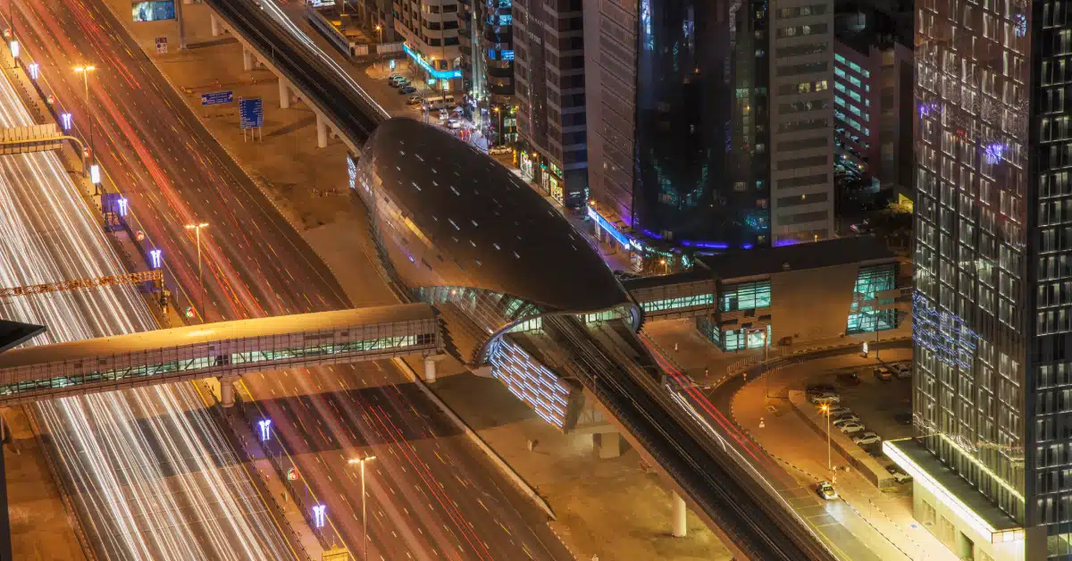 High-angle view of the city highway and the Dubai