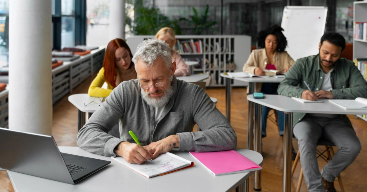 Five adults seated in a classroom, taking notes during a lesson