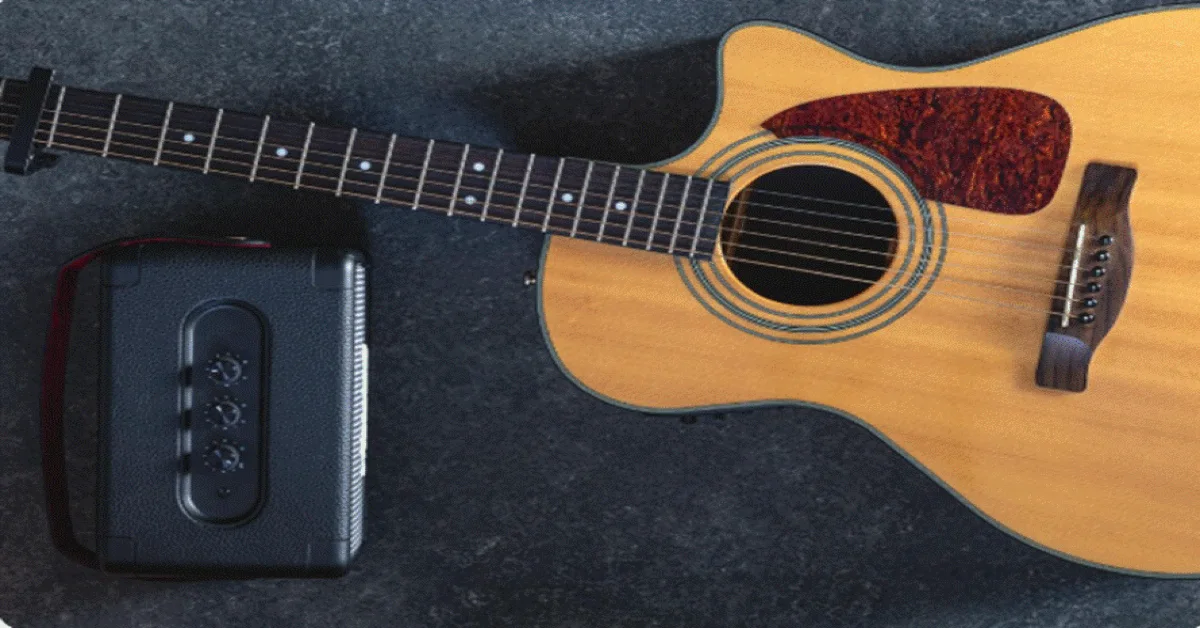 A guitar resting beside a speaker in a guitar class