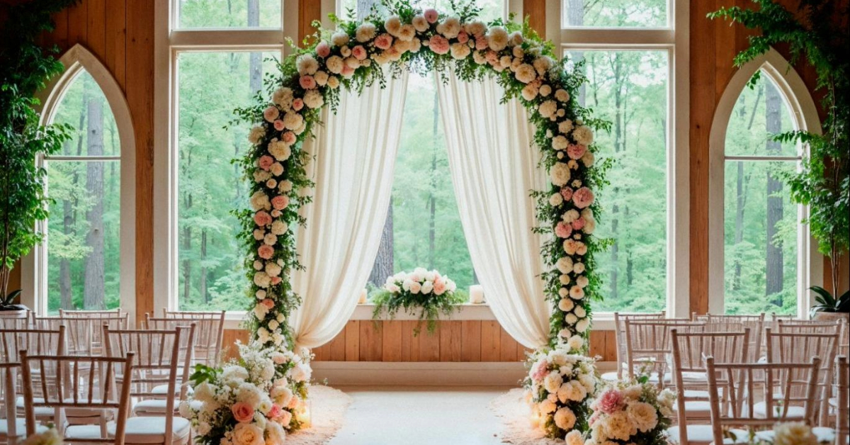 A beautifully decorated wedding aisle, ready for the ceremony.