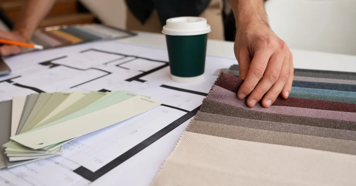 مصمم داخلي يختار أقمشة وألوان طلاء فوق مخطط معماري