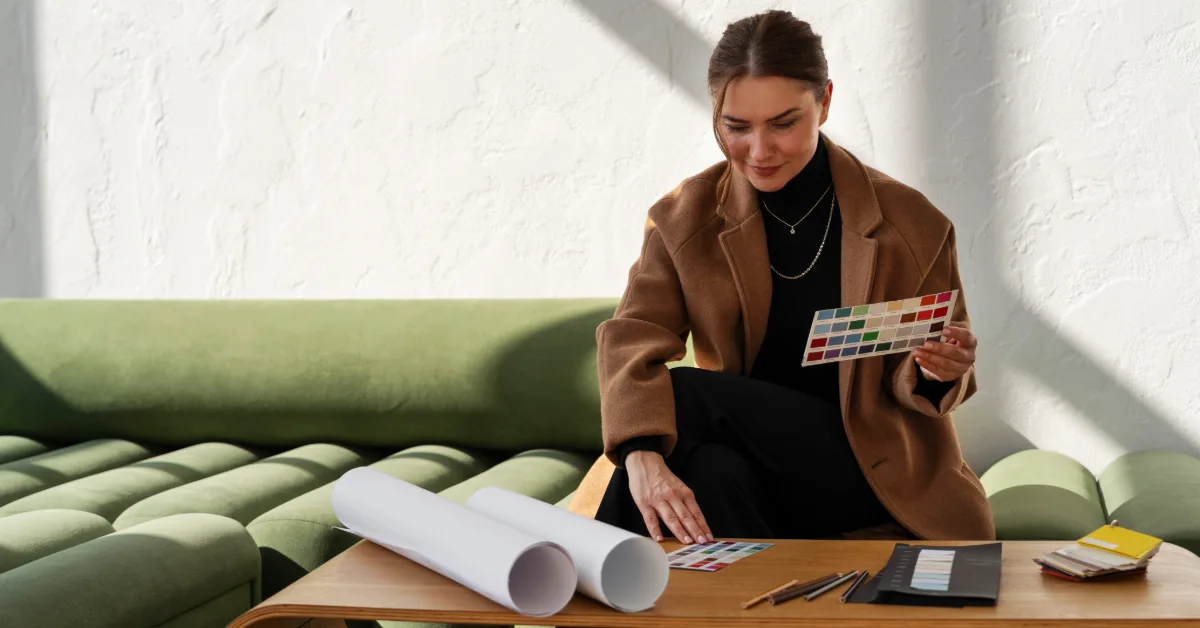 مصممة داخلية تختار لوحة ألوان في غرفة حديثة بأريكة خضراء وطاولة خشبية