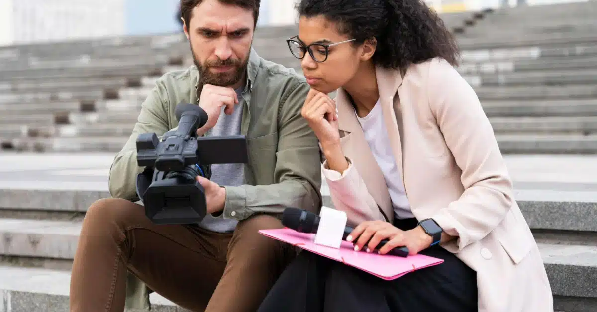 A journalist and cameraman looking directly at the camera