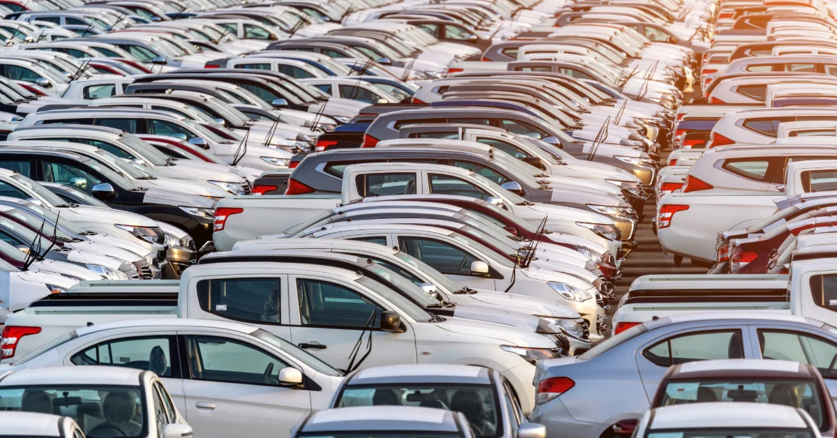 Rows of cars for sale at Souq Al Haraj auto market in Sharjah