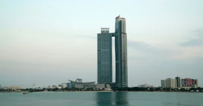 skyscrapers in Abu Dhabi, with one uniquely designed building