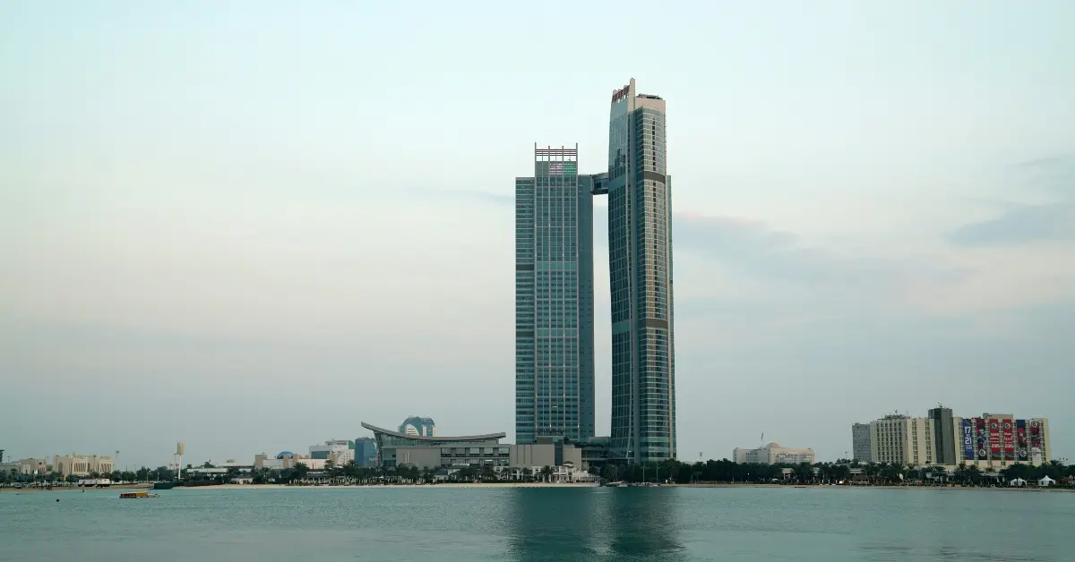 skyscrapers in Abu Dhabi, with one uniquely designed building