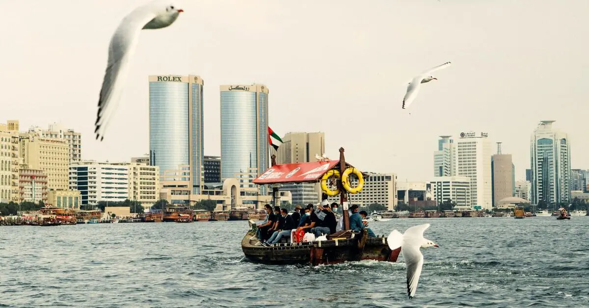 A scenic photo of an Abra on the water and white birds in the sky