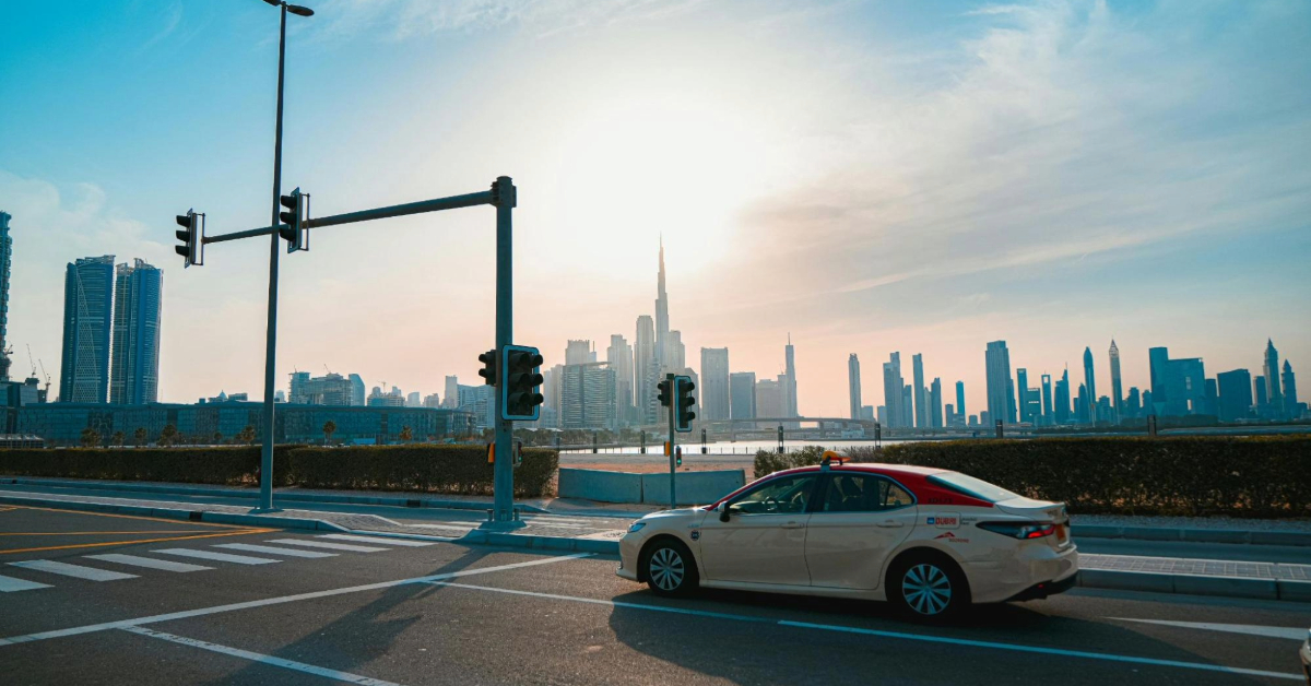 Dubai Taxi against Burj Khalifa Backdrop
