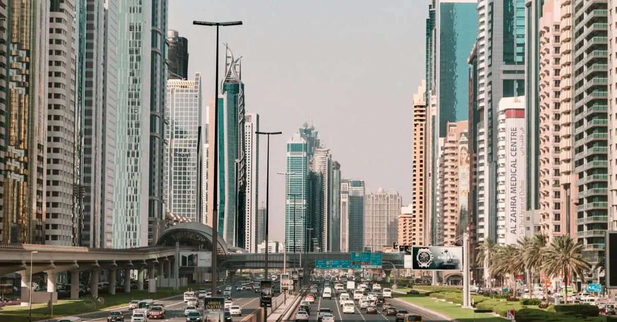 Dubai road with multiple lanes filled with cars