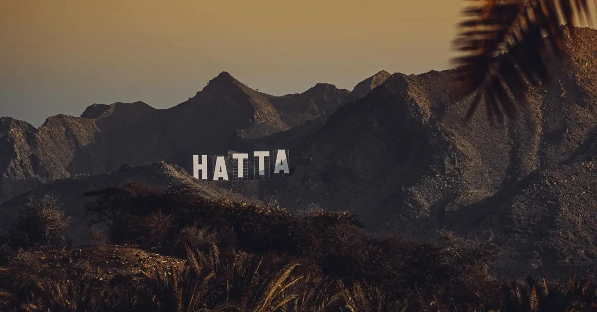 Hatta sign on the Hajar Mountain Range in the UAE