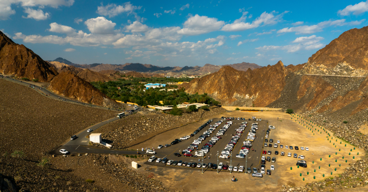 Parking place under a cloudy sky and sunlight in Hatta Dam in Dubai