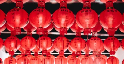 Red lantern decorations inside a Dubai shopping mall