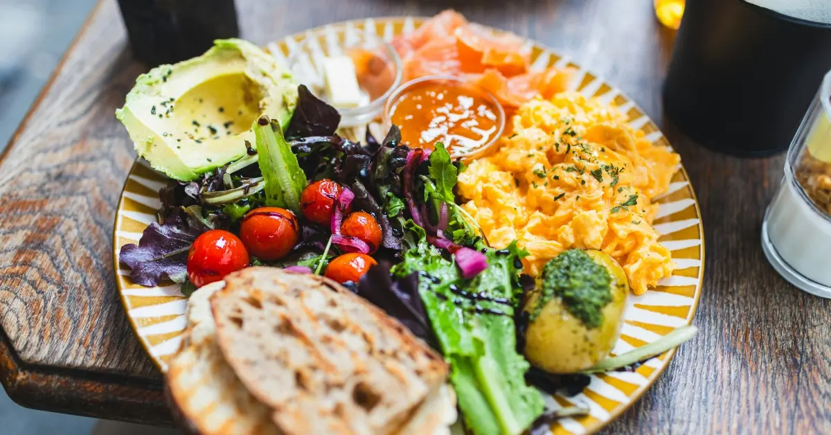 Served healthy brunch on wooden table