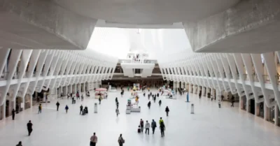 Exterior crowd movement at a large international expo venue