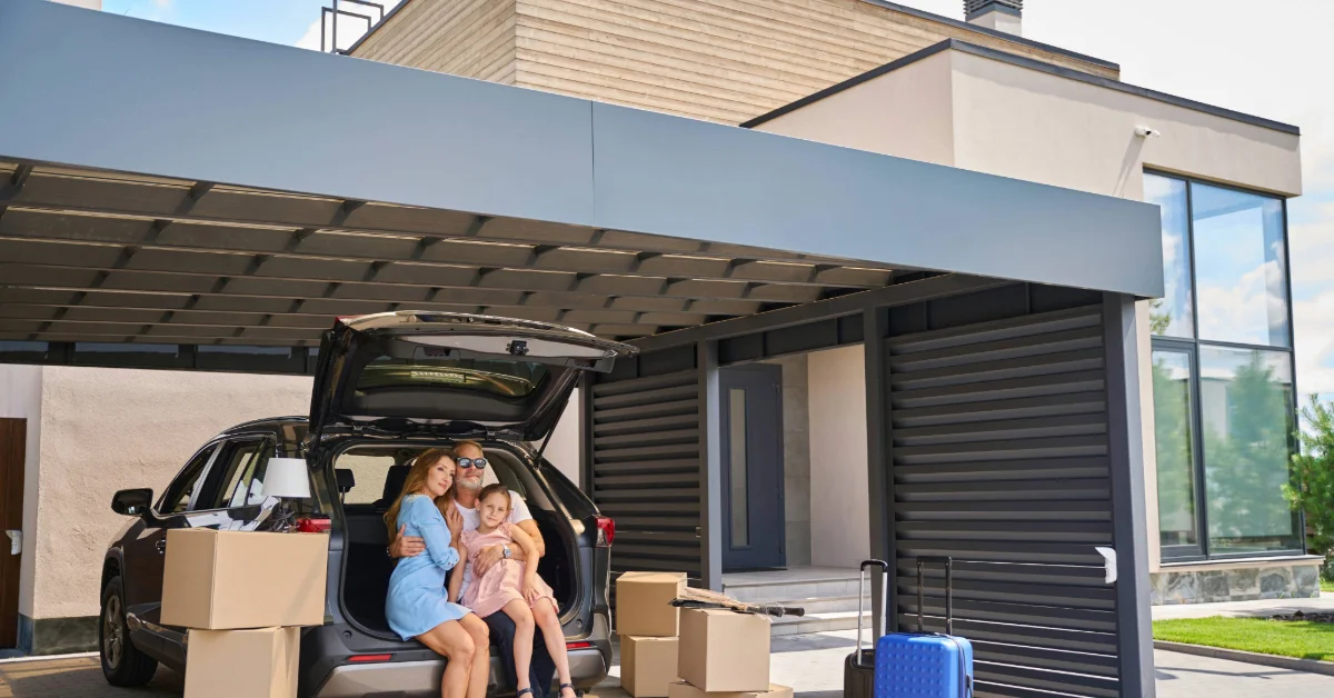 Family after parking the car under the shade outside their home