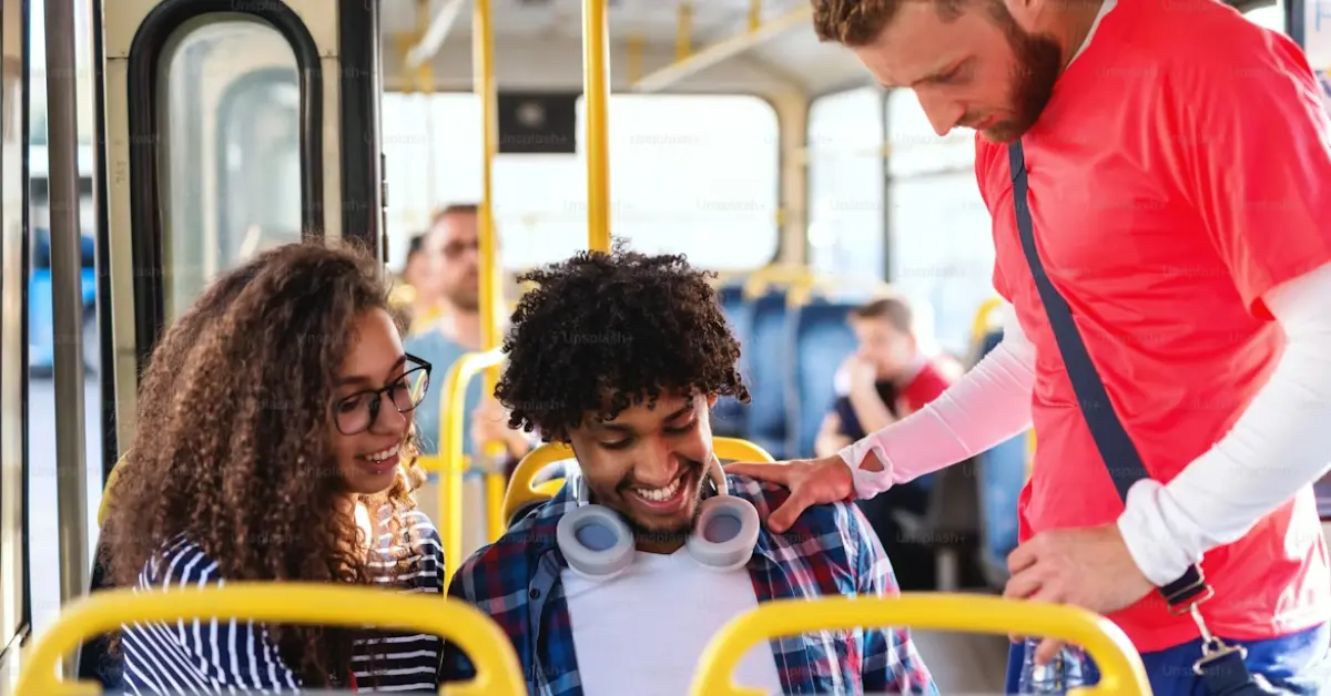 A group of friends taking the bus