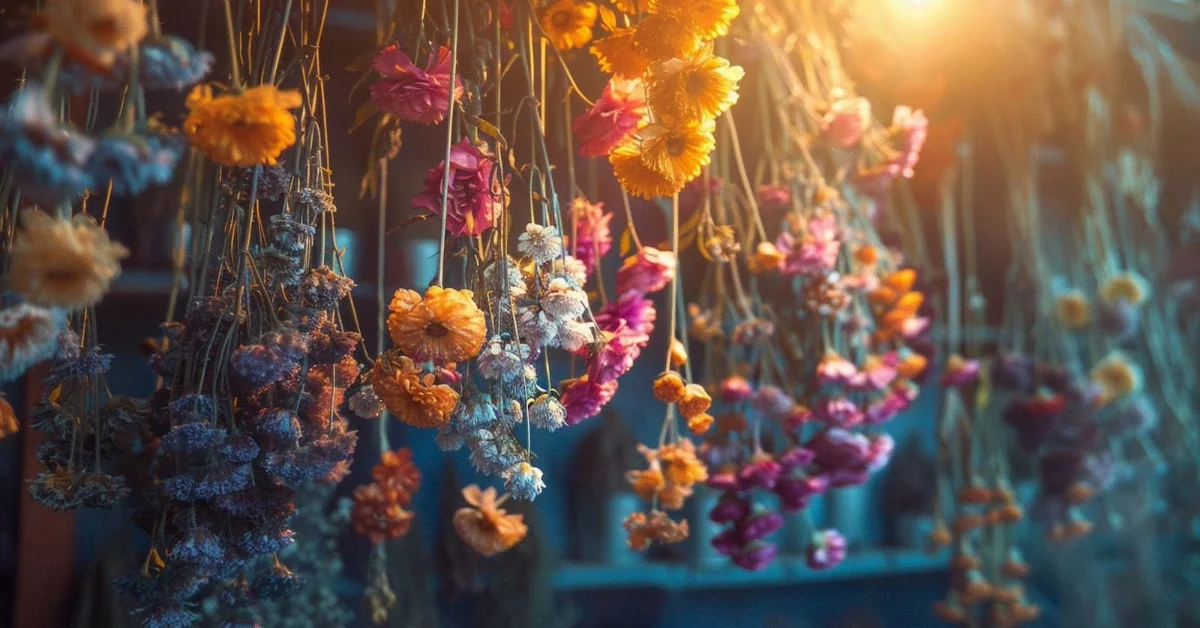 زهور معلّقة من السقف بألوان دافئة ومتنوّعة داخل مساحة فنية مضيئة.