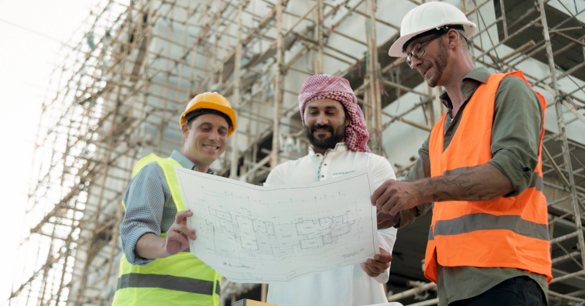 Contractors with a businessman at a construction site