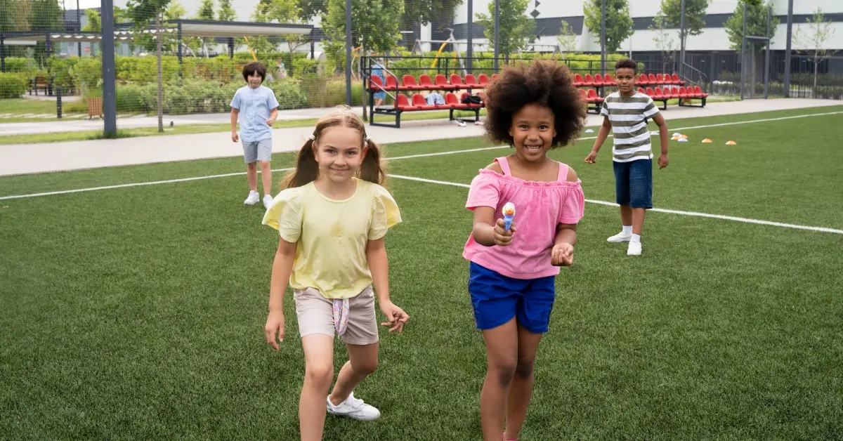 Elementary school students playing on the school playground