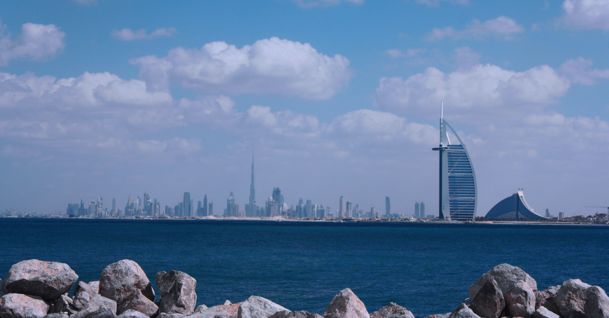 Distance view of Ras Al Khaimah skyline and coastline