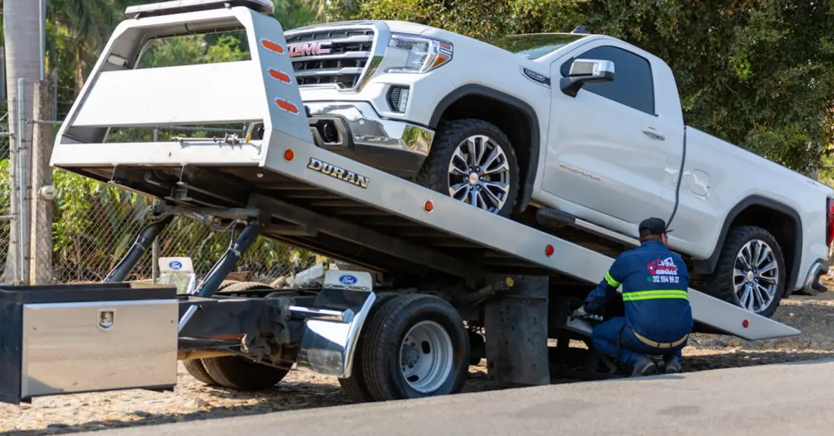 Tow truck hauling a car