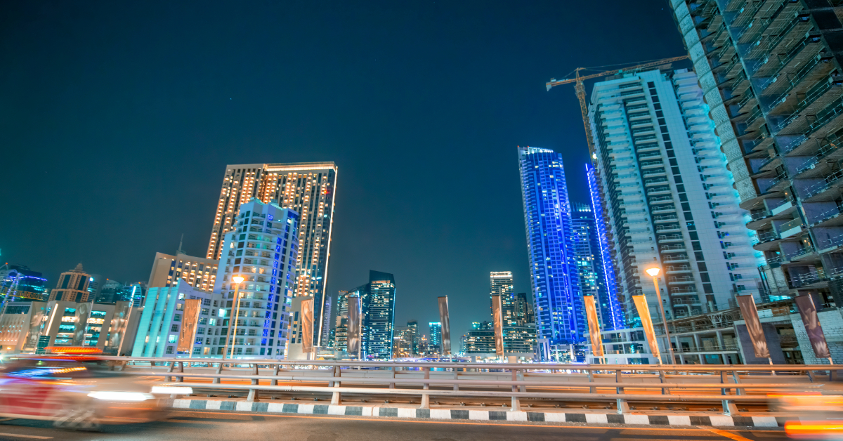 Urban skyline view along Dubai streets near metro connections