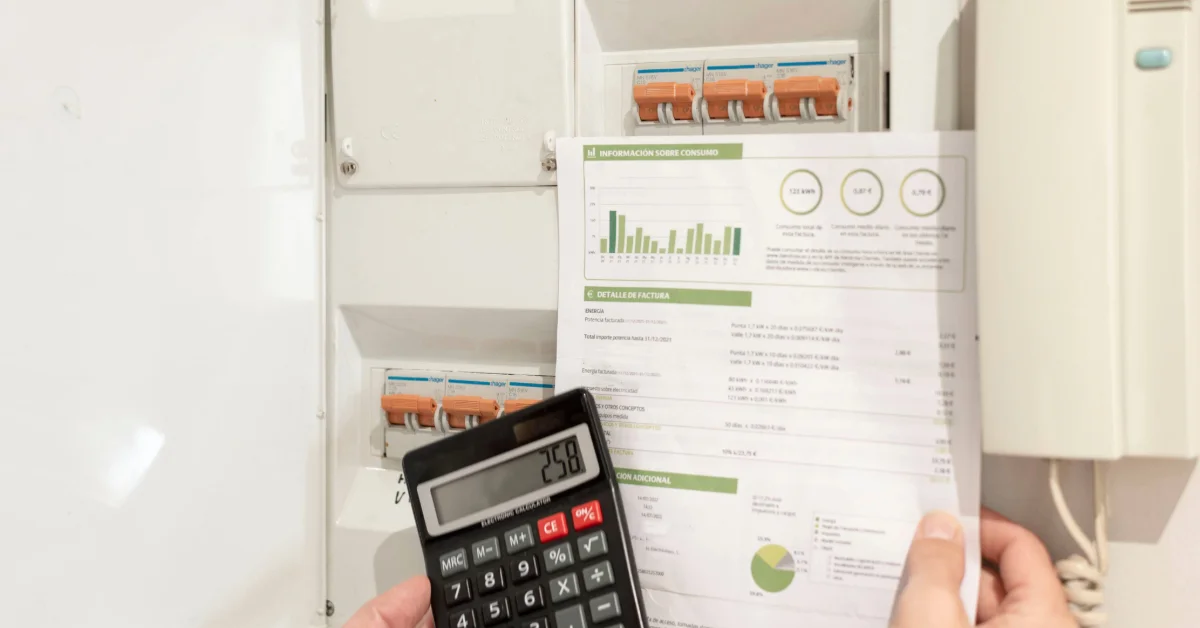 a hand holding an electricity bill and a calculator in front of a power control switch in a UAE house