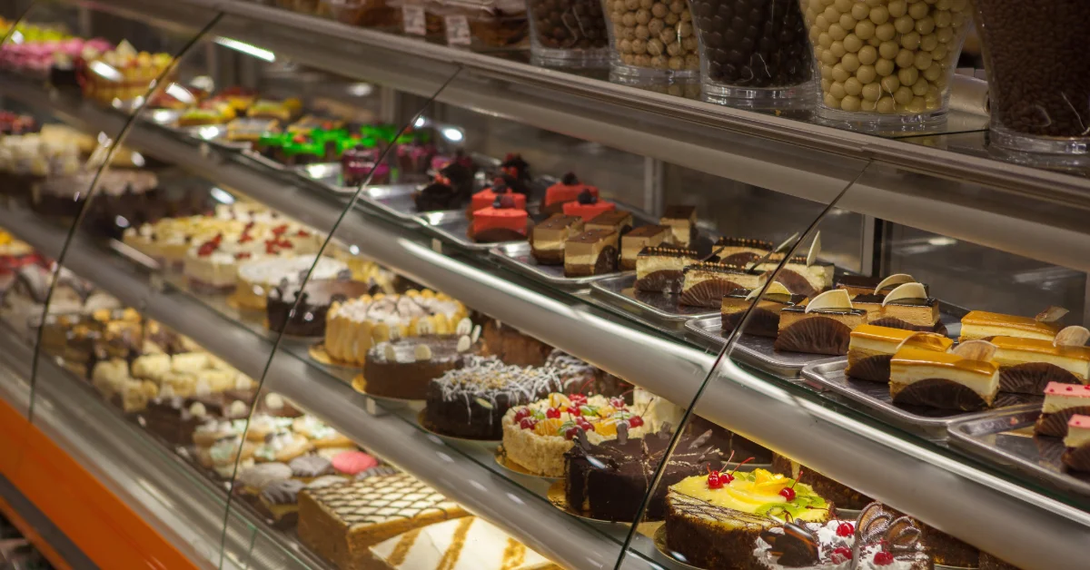 An array of cakes displayed in a shop in UAE