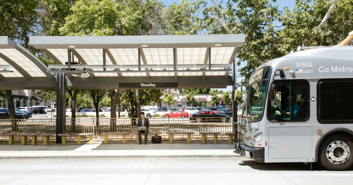 A bus pulling up in the F03 bus stop in Dubai