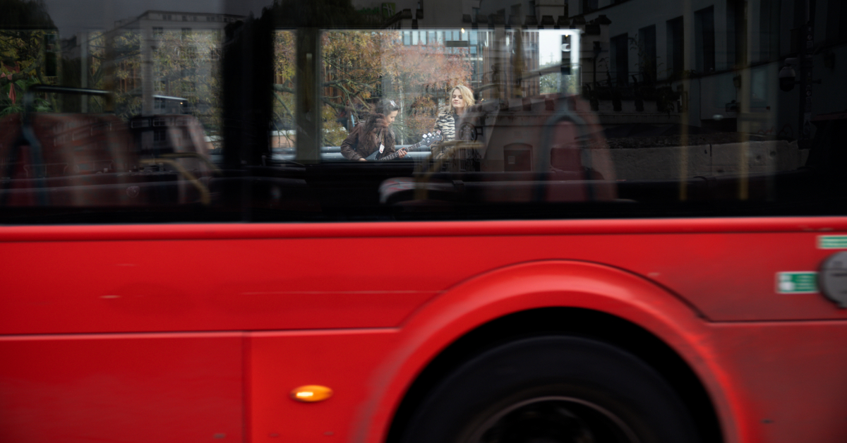 A close-up shot of the moving F19B bus