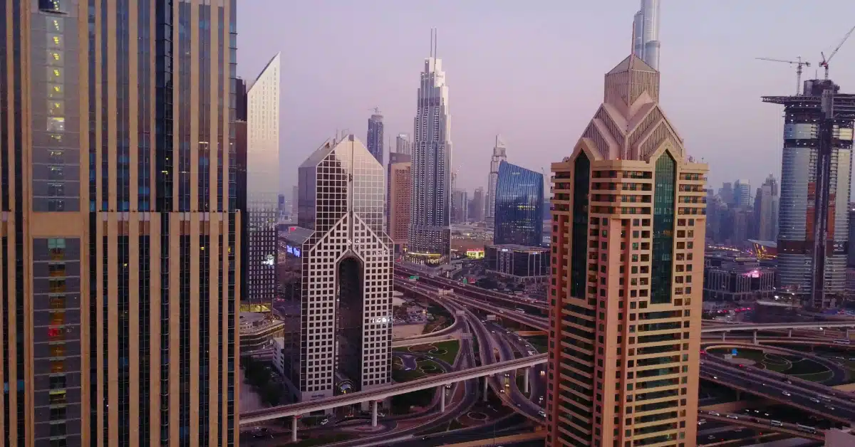 Dubai city view with commercial centres and skyscrapers