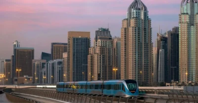 Dubai skyline with metro corridor