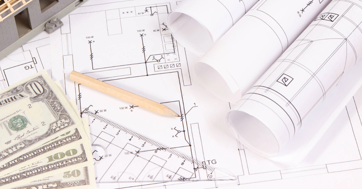 Diagrams, house under construction, and money