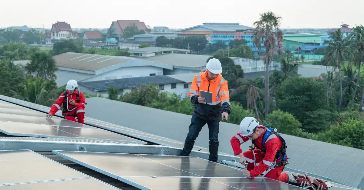 engineers doing maintenance for solar panels on a house roof
